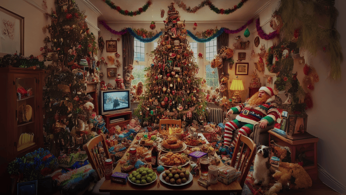a cliche of the british christmas, fat man dressed as santa sits surrounded by festive decorations, food and christmas trees.