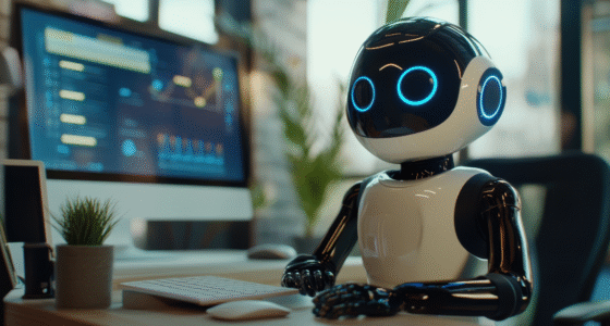 Futuristic robot using a computer in a modern office, representing AI in internal communications