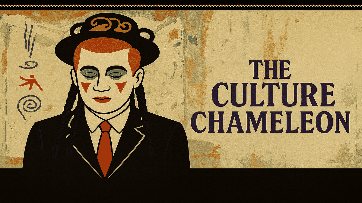 Vintage album-cover-style illustration showing a stylised, androgynous figure wearing dramatic 80s makeup, a black hat and braids, set against a textured backdrop with the title “The Culture Chameleon” in bold lettering.